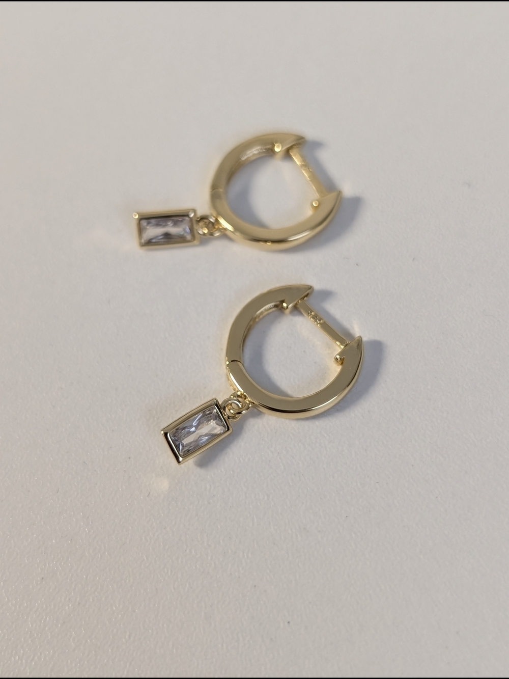 .925 Sterling Silver Gold Plated Hoop Drop Earrings with Clear Baguette Stone